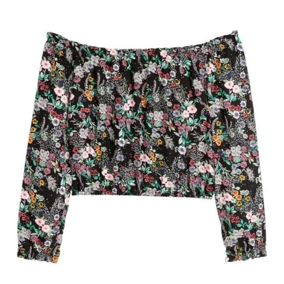 Divided H&M Womens Cropped Off Shoulder Colorful Floral Print Top Sz 4 Small - Picture 4 of 12